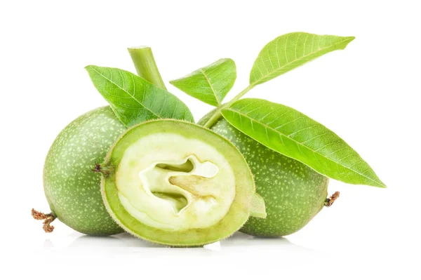 Green Walnuts Isolated White Background — Stock Photo, Image