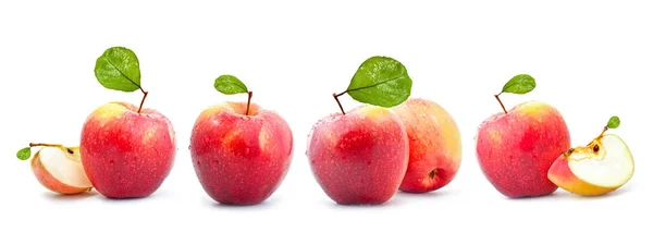 红苹果与叶孤立在白色背景上的集合 — 图库照片