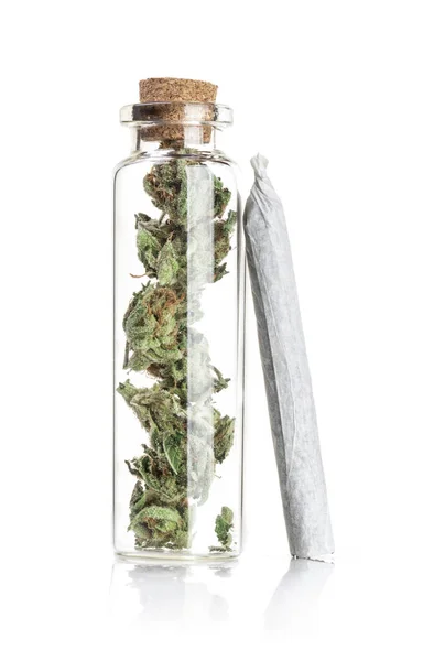 Small Bottle Medical Marijuana Buds Rolled Joint Closeup Isolated White — Stock Photo, Image