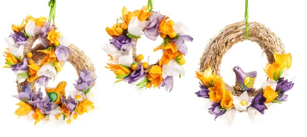 Pasen Bloemen Krans Met Vogels Geïsoleerd Witte Achtergrond — Stockfoto