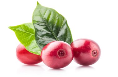 Kırmızılı kahve çekirdekleri kesme yolu olan beyaz arka planda izole edilmiş.