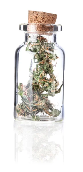 Small bottle with medical marijuana buds — Stock Photo, Image