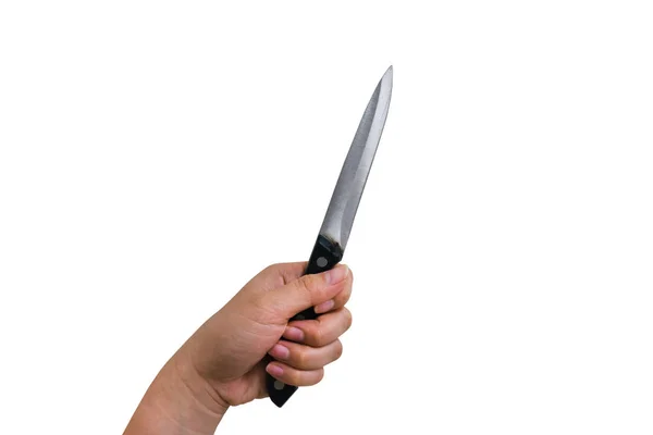 Handen Håller Kniv Isolerad Vit Bakgrund Med Urklippsbana — Stockfoto