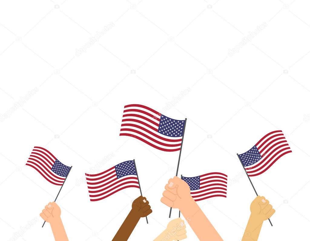 Human hands holding flags USA on white background