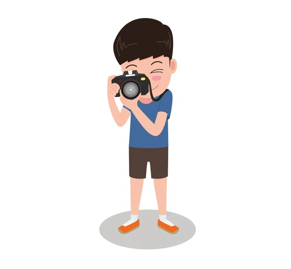 Beyaz arka planda izole fotoğraf çekmek için kamera ayakta vektör illüstrasyon karakter çizgi film fotoğrafçısı