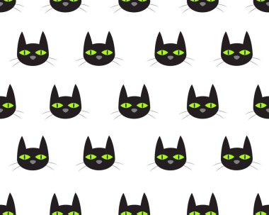 Beyaz arka plan üzerinde sevimli yüz siyah kedi Dikişsiz desen