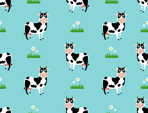 Seamless pattern with cute cow cartoon on field background- Vector illustration