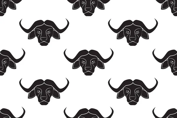 Seamless Pattern Black Buffalo Head Drawing White Background — Stock Vector