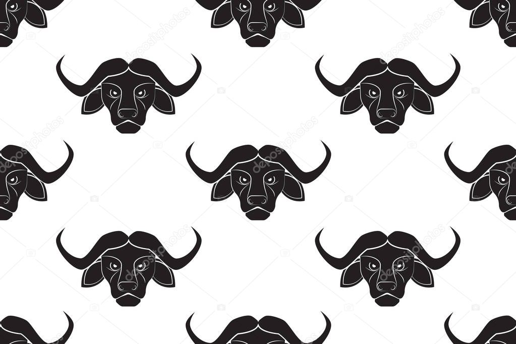 Seamless pattern of black buffalo head drawing on white background