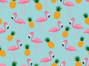 Pastel arka planda ananas ile flamingo Dikişsiz desen - Vektör illüstrasyon