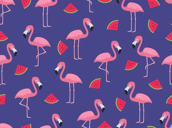 Mavi arka plan üzerinde dilim karpuz ile flamingo Dikişsiz desen - Vektör illüstrasyon