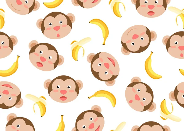 Seamless Pattern Cute Face Monkeys Cartoon Banana White Background Vector — Stock Vector