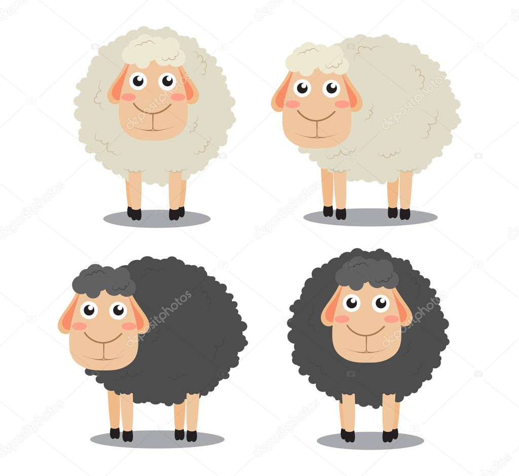 Cute cartoon black and white sheep vector set isolated on white background