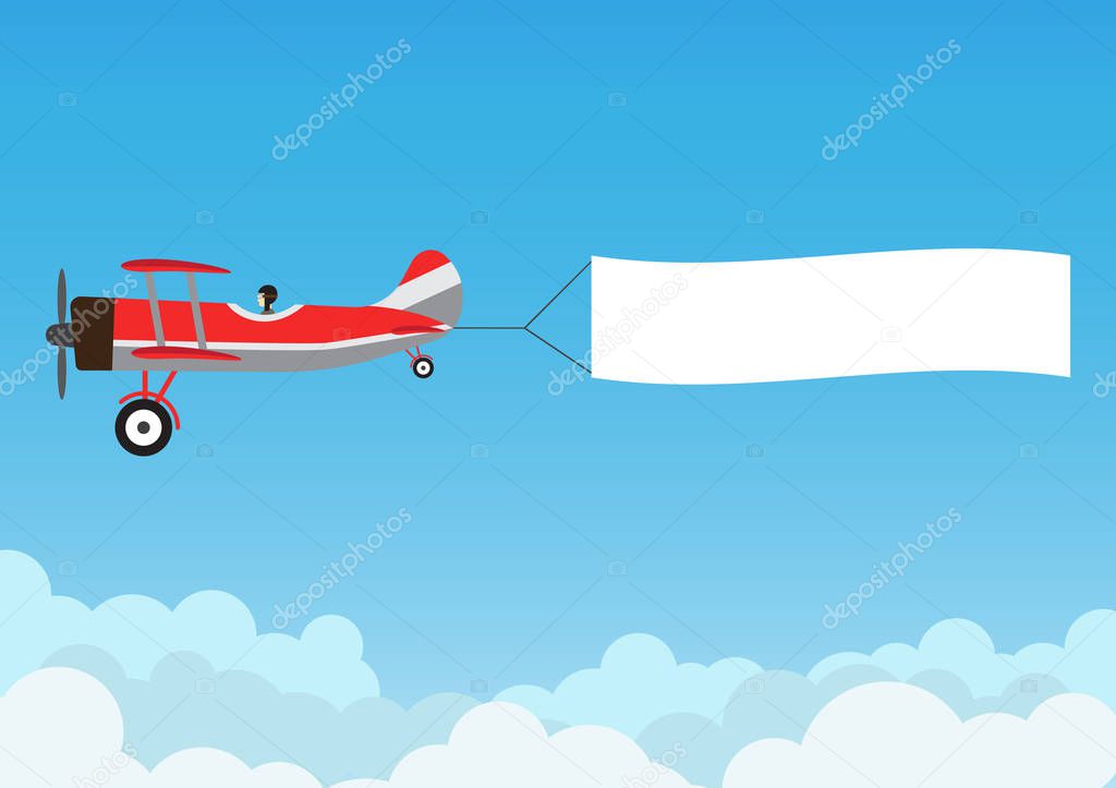 Retro airplane flying with advertising banner on blue sky - Vector illustrationD
