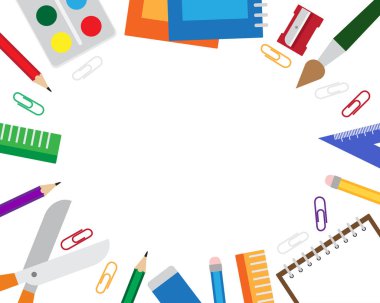 Beyaz arka planda kırtasiye öğeleri ile çerçeve vektör illüstrasyon.