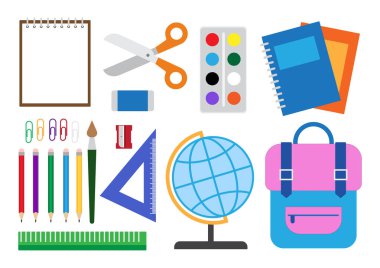 Beyaz arka plan üzerinde izole ayarlanmış okul malzemeleri vektör illüstrasyon