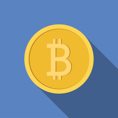 Düz simgesi üzerinde mavi arka plan izole Bitcoin simge vektör çizim