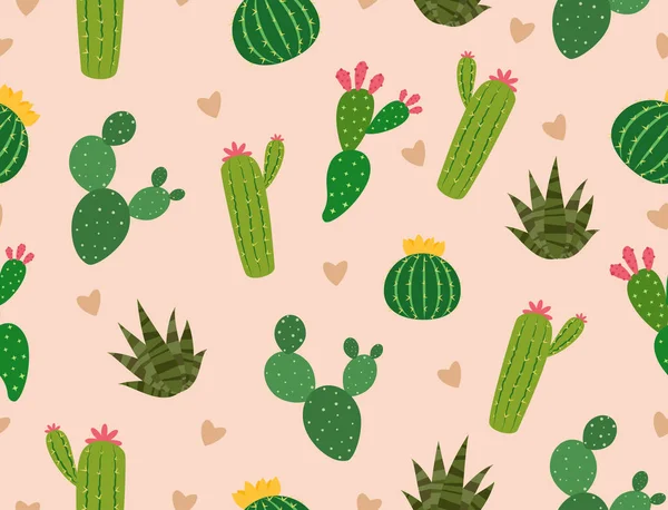 Modello Senza Cuciture Molti Cactus Con Mini Cuore Sullo Sfondo — Vettoriale Stock