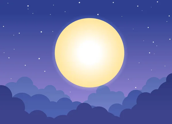 Dolunay Parlayan Yıldızile Gece Bulutlu Gökyüzü Arka Plan Vektör Illüstrasyon — Stok Vektör