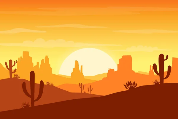 Woestijn Landschap Bij Zonsondergang Met Cactus Heuvels Silhouetten Achtergrond Vector — Stockvector