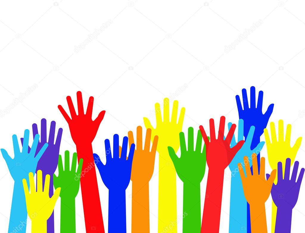 Vector illustration raised colorful hands isolated on white background