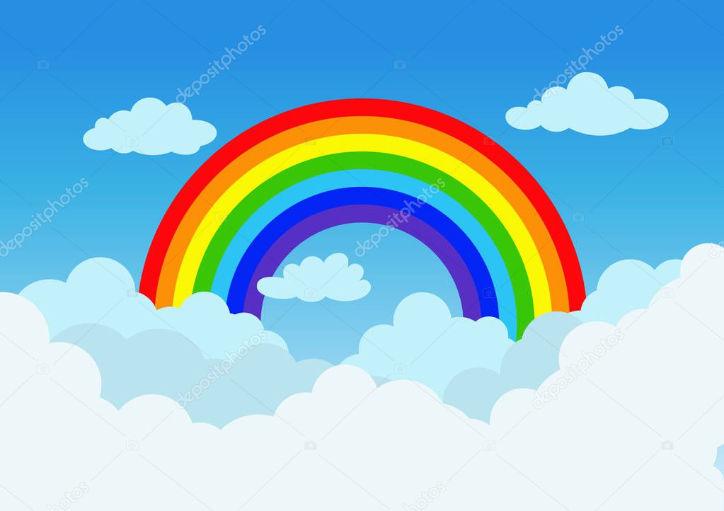 Vector illustration rainbow and cloud on blue sky background