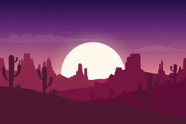 Wüstenlandschaft Bei Nacht Mit Kakteen Und Hügeln Silhouetten Hintergrund Vektorillustration — Stockvektor