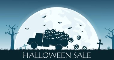 Dolunay arka planda gülümseme balkabağı taşımak kamyon ile Halloween satış afiş - Vektör illüstrasyon
