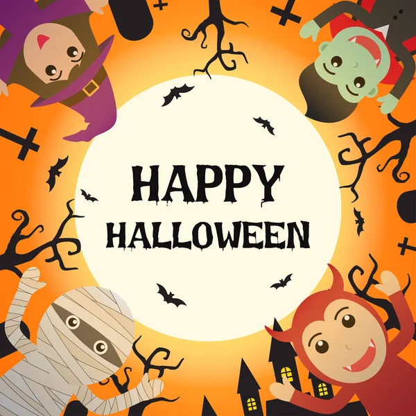 Feliz Halloween Con Disfraz Monstruo Halloween Cementerio Fondo Luna Llena — Vector de stock