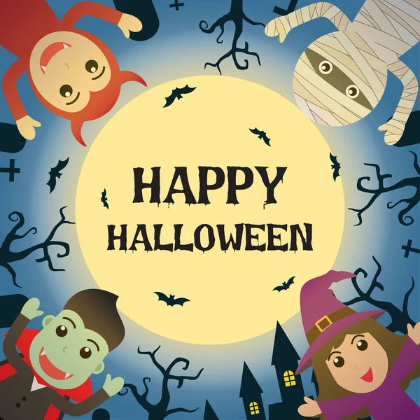 Feliz Halloween Con Disfraz Monstruo Halloween Cementerio Fondo Luna Llena — Vector de stock