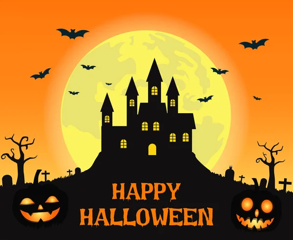 Halloween background with creepy castle and smile pumpkin devil on the full moon - Vector illustration