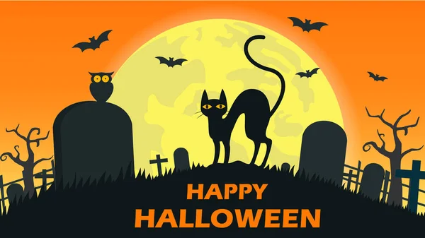 Fondo Halloween Con Gato Diablo Cementerio Luna Llena Ilustración Vectorial — Vector de stock