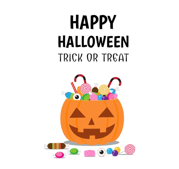 Halloween Pumpkin Bucket Candy Sweets White Background — Stock Vector
