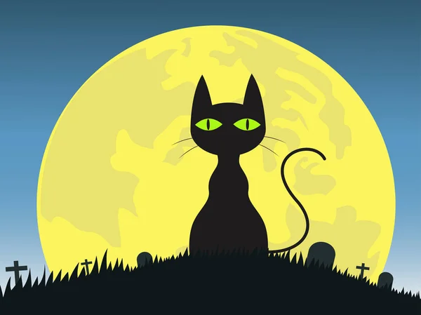 Halloween Hintergrund Silhouette Schwarze Katze Auf Dem Friedhof — Stockvektor