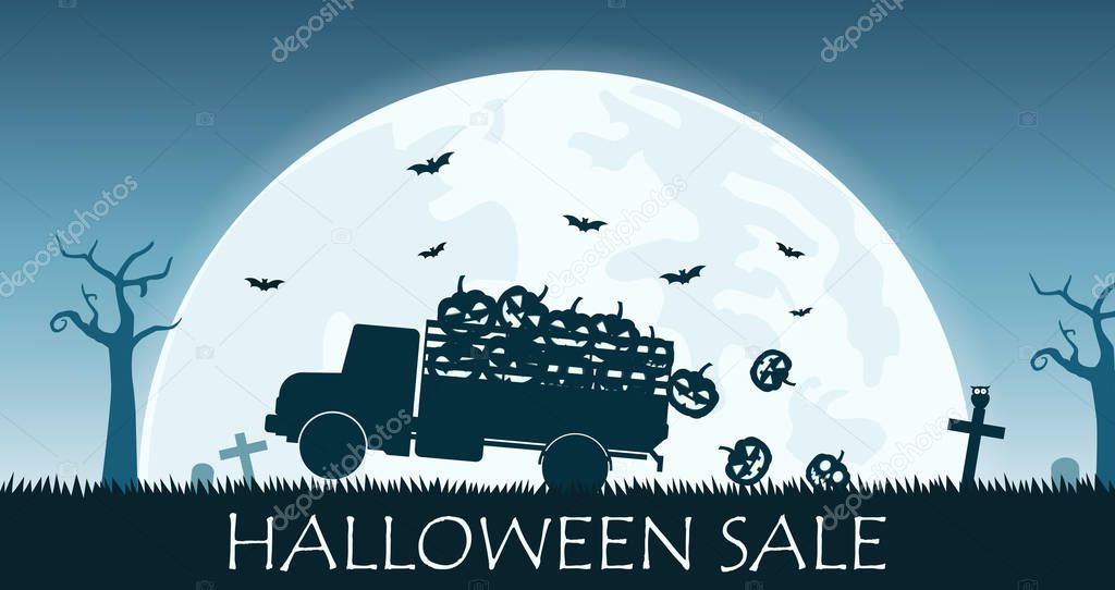 Halloween sale banner with truck carry smile pumpkin on the full moon background - Vector illustration
