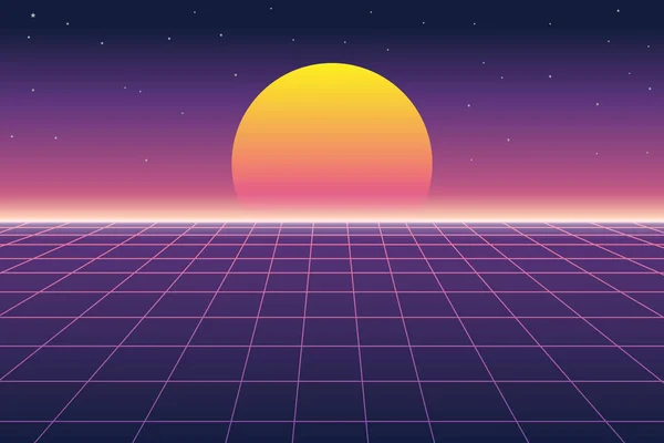 Retro fütüristik arka plan 1980'lerin tarzında güneş ve dijital manzara vektör illüstrasyon