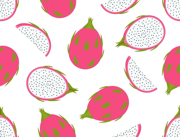 Seamless Pattern Fresh Dragon Fruit Set White Background Vector Illustration — Stock Vector
