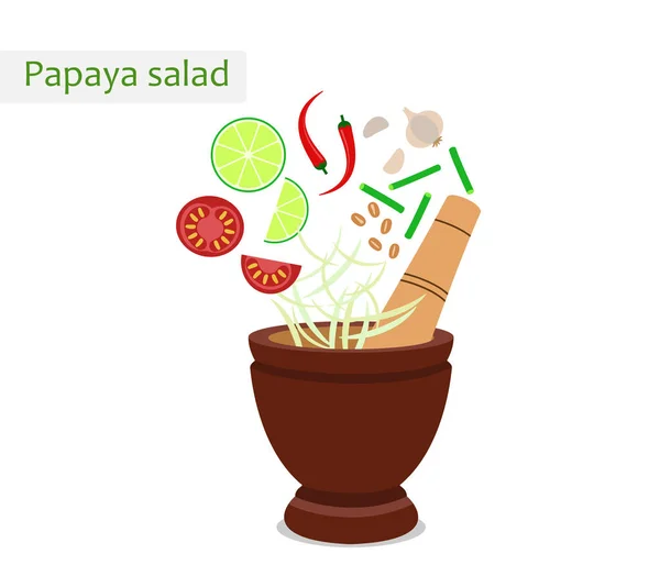 Havan ve malzemelerle papaya salatası - Vektör İllüstrasyon