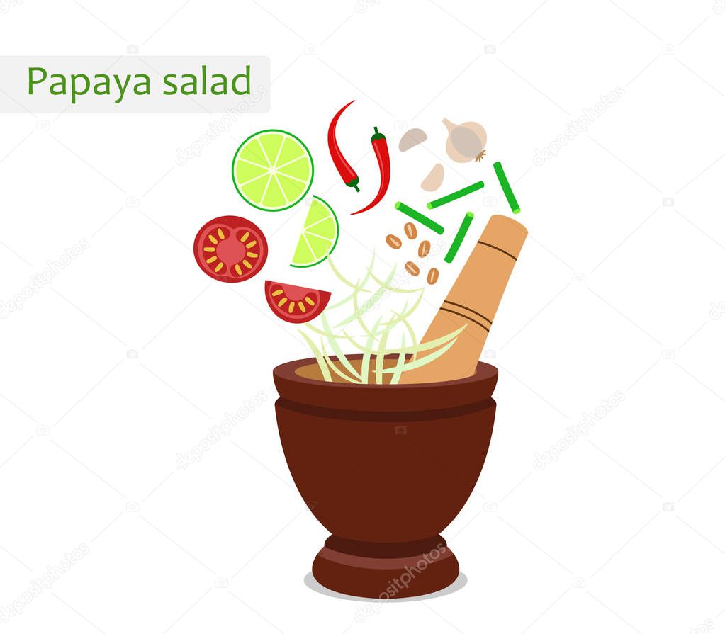 Papaya salad( thai food ) with mortar and ingredients - Vector Illustration