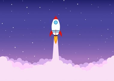 Gökyüzünde bulut üzerinde uçan roket fırlatma - iş kavramı afiş başlatmak