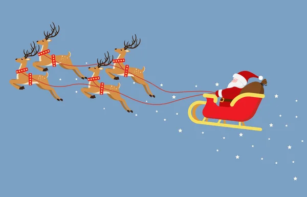Mavi arka planda izole edilmiş ren geyikleriyle kızakla uçan şirin bir Noel Baba çizgi filmi.