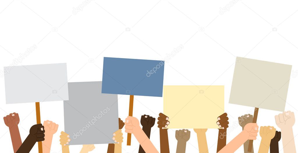 Hands crown people holding protest posters isolated on white background  - Vector illustration