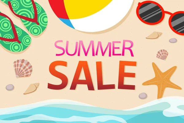 Top view of summer sale banner template decoration with objects on beach