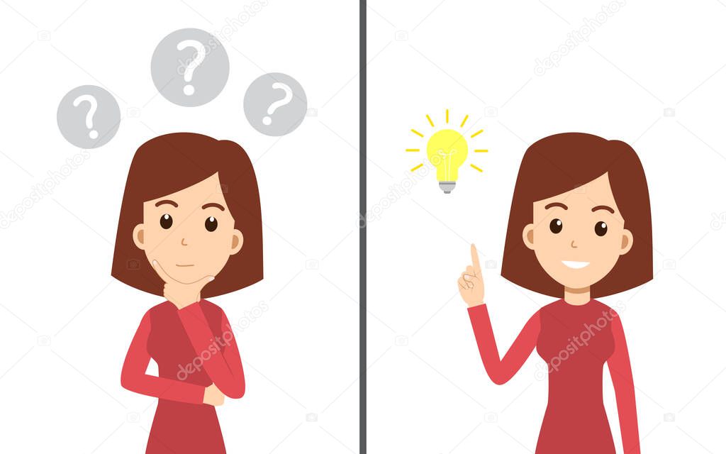 Vector illustration of a Woman thinking with many bubble questions and blink idea with a light bulb icons.