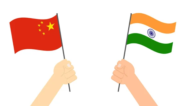 Mani Che Tengono Bandiera Tra Cina India Faccia Faccia Concorrenza — Vettoriale Stock