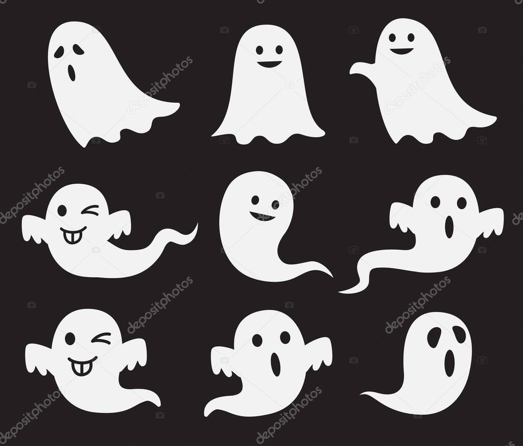 Halloween cute ghost spook horror vector set.