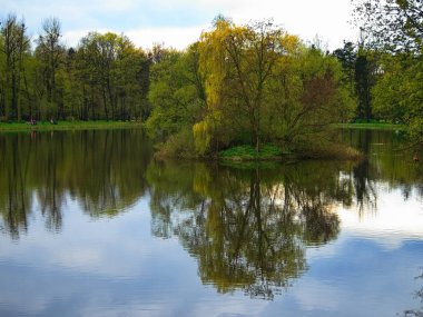 Büyük park göl köşesinde erken bahar günü