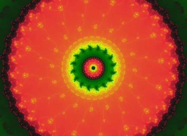 Geometric fractal flower circle shape red green and yellow tones