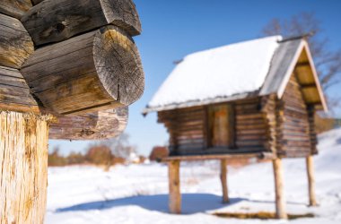 Ayaklıklar üzerinde yalnız ahşap baraka. Ağaç yapısı Rusya'ya seyahat