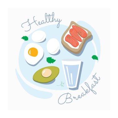 Sağlıklı kahvaltı vektör. Proteinler ve yağlar ile iyi beslenme. Sağlıklı gıda kümesi. Resimde somon sandviç, yumurta, avokado
